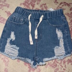 Girls Distressed Denim Shorts, Elastic Waist Raw Hem, Light Wash, size 8 youth